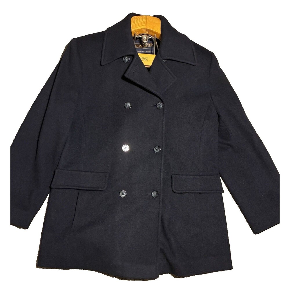 NWOT Pendleton 100% Navy Wool Womens Double Breasted Trench Coat Jacket 12